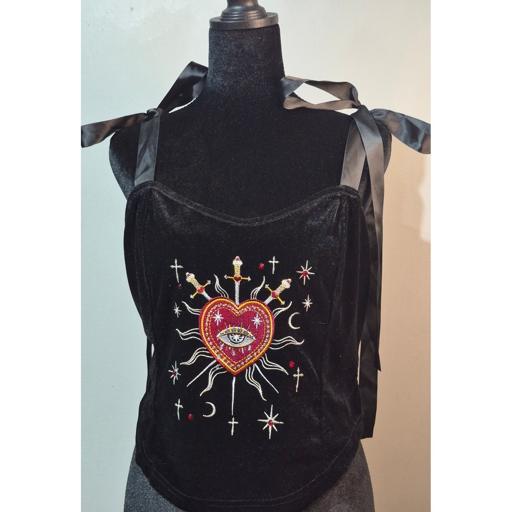 Romwe Black Velvet Sacred Heart Embroidered Cami Top Ribbon Tie Straps 2XL